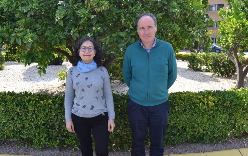 Los profesores Ana María Ortega y Pedro Guirao en los jardines de la EPSO.